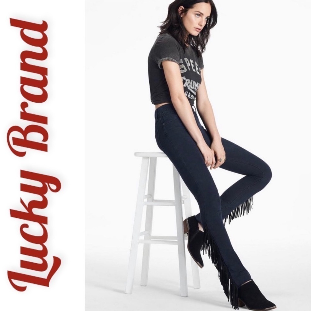 LUCKY BRAND Bridgette‎ Skinny Long Suede Fringe Western Boho High Rise Jeans, 26